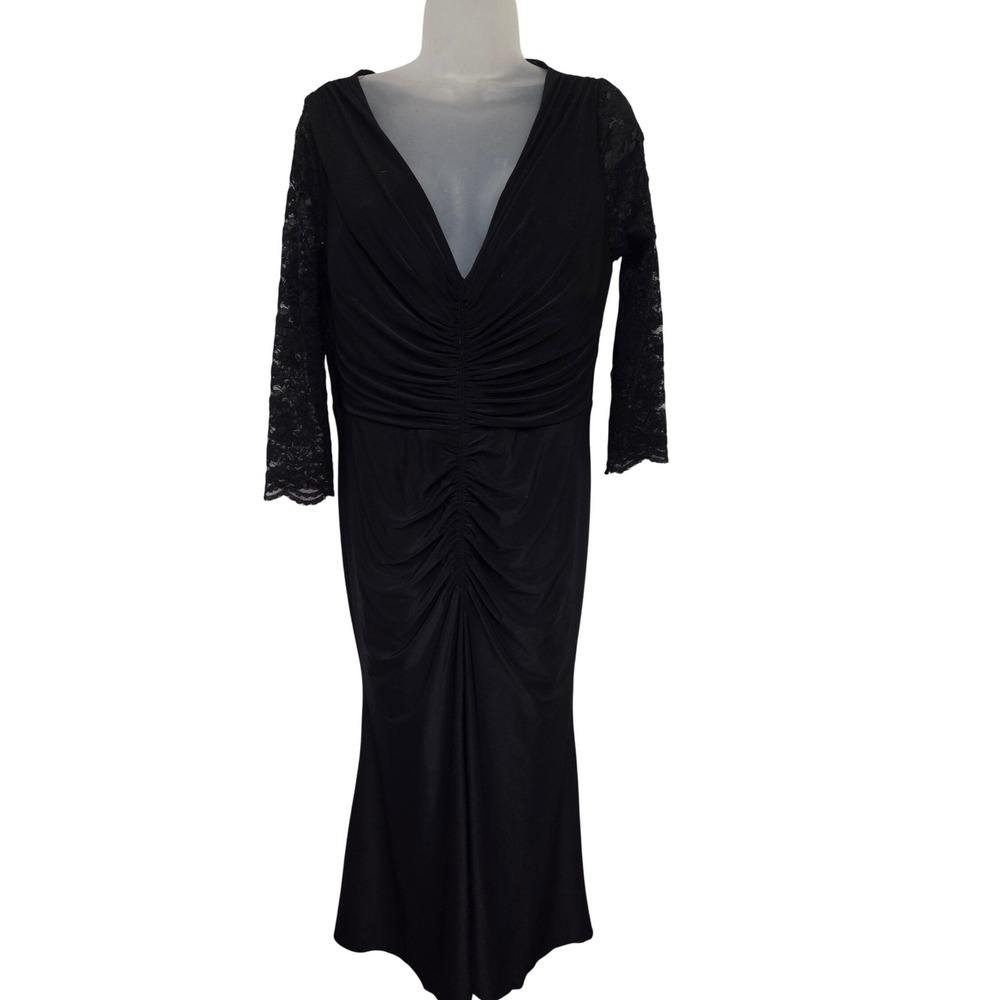 Vintage 90s Cindy Black Lace Sequins Ruched Evening Gown Dress‎ Womens Size L